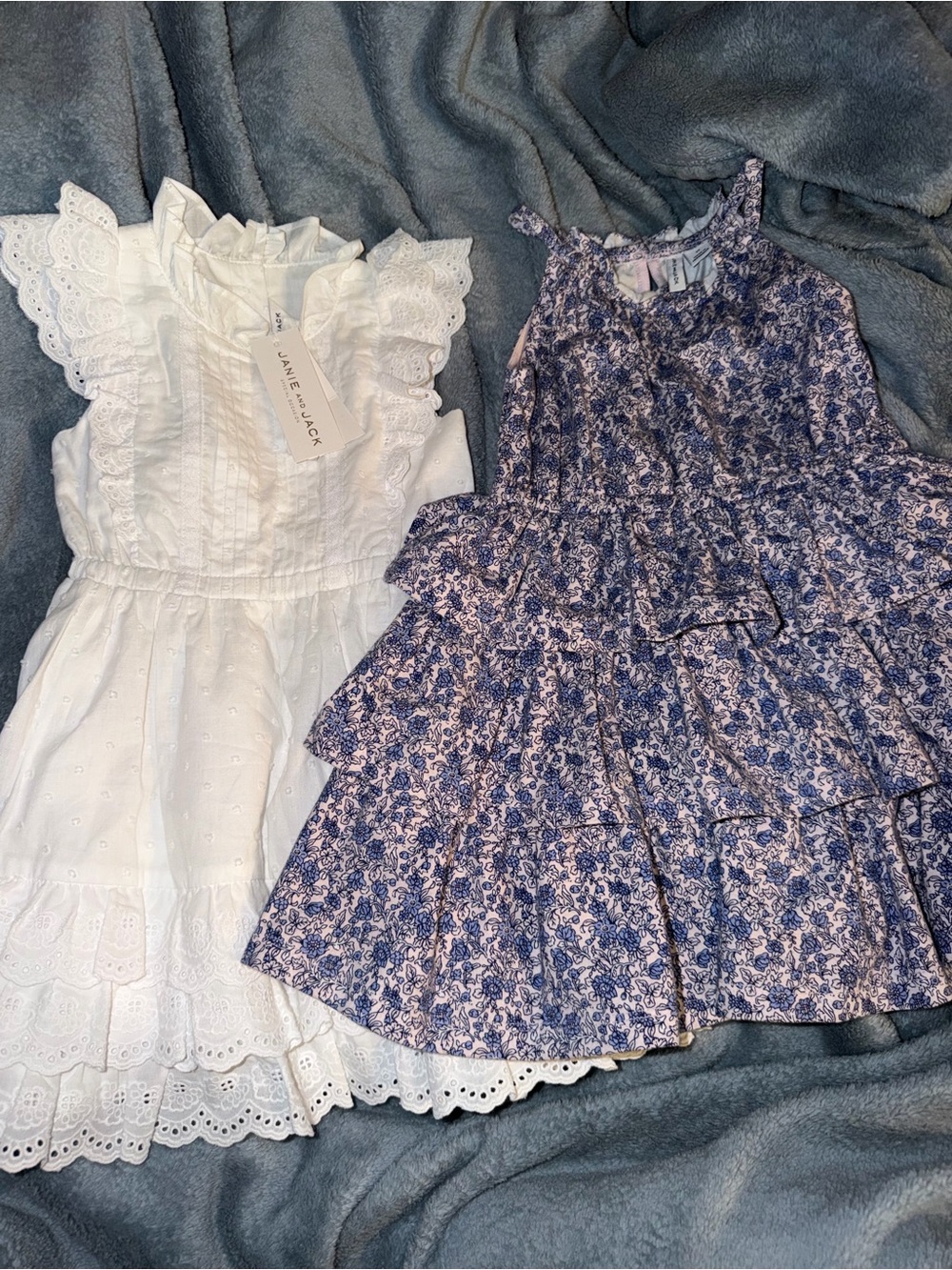 White Eyelet Dress and Blue Floral Tiered Dress - Girls